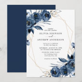 Elegant Navy Blue Silver Geometric Floral Wedding 招待状 (正面/裏面)