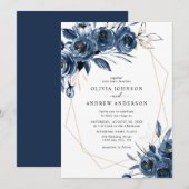 Elegant Navy Blue Silver Geometric Floral Wedding 招待状 (正面/裏面)