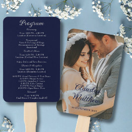 Elegant Navy Blue & Silver Script Wedding Program ハンドファン