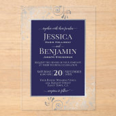 Elegant Navy Blue & Silver Stylish Text Wedding アクリル招待状 (正面)
