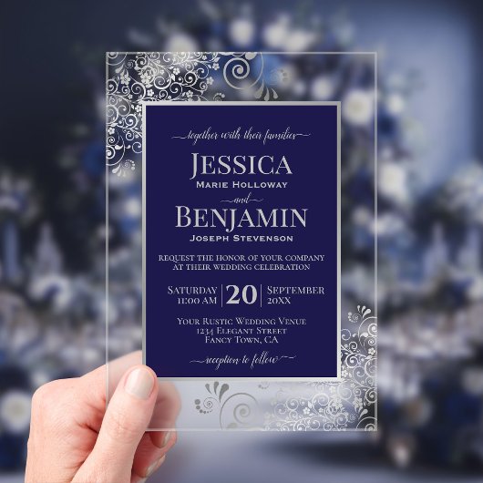 Elegant Navy Blue & Silver Stylish Text Wedding アクリル招待状
