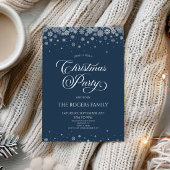 Elegant Navy Blue Snowflake Winter Christmas Party 招待状