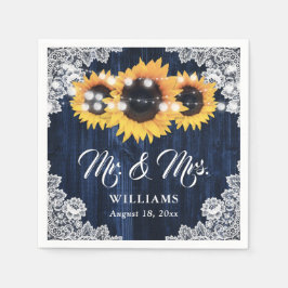 Elegant Navy Blue Sunflower Floral Lace Wedding スタンダードカクテルナプキン