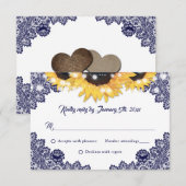 Elegant Navy Blue Sunflower Floral Lace Wedding 出欠カード (正面/裏面)