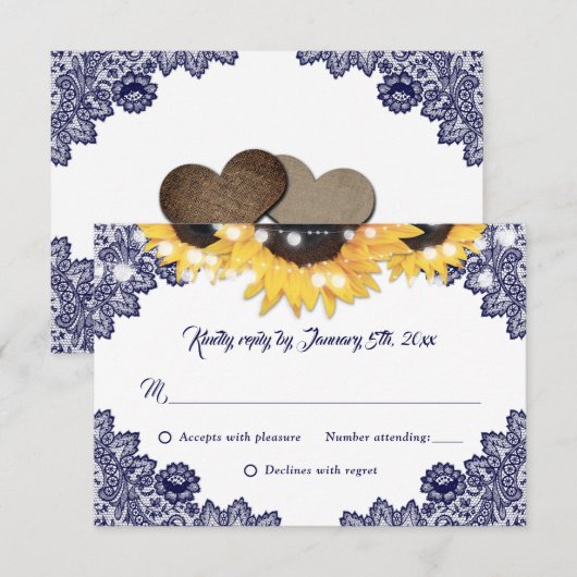 Elegant Navy Blue Sunflower Floral Lace Wedding 出欠カード (正面/裏面)