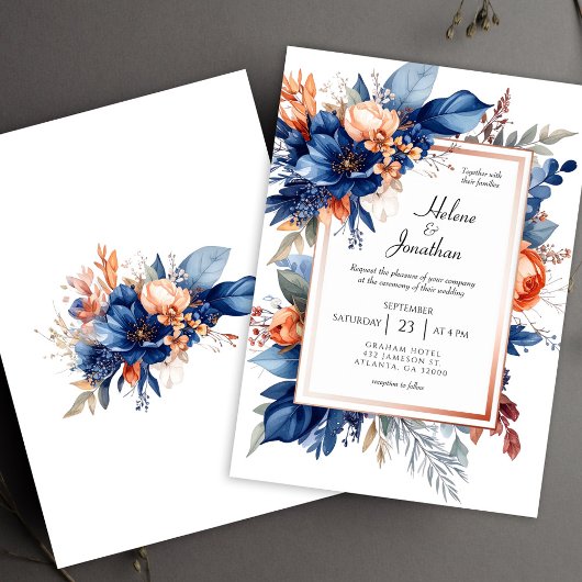 Elegant Navy Blue Terracotta Floral Boho Wedding 招待状