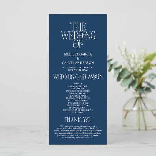Elegant Navy Blue Typography Wedding Program プログラム (スタンド正面)