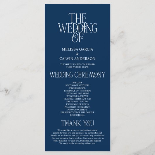 Elegant Navy Blue Typography Wedding Program プログラム (正面)