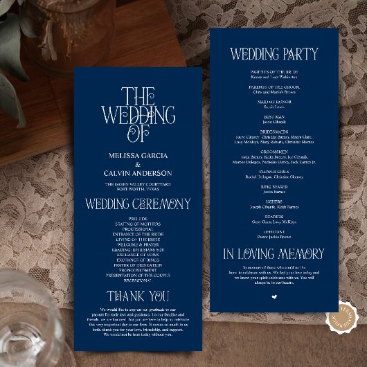 Elegant Navy Blue Typography Wedding Program プログラム