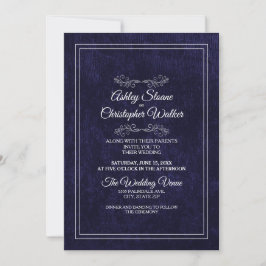 Elegant Navy Blue Velvet White Monogram Wedding 招待状