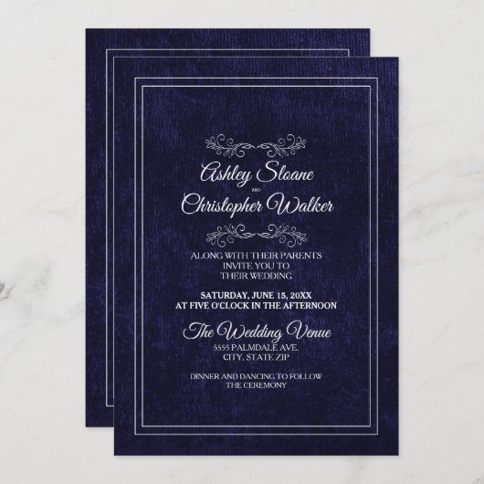 Elegant Navy Blue Velvet White Monogram Wedding 招待状 (正面/裏面)