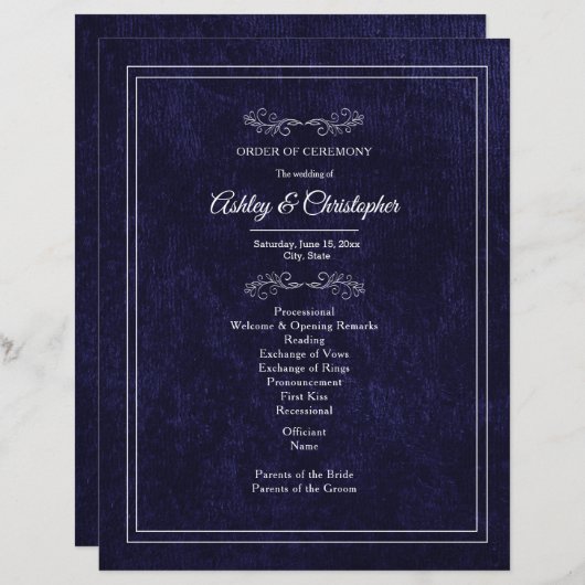 Elegant Navy Blue Velvet White Wedding Program (正面/裏面)