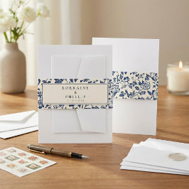 Elegant navy blue vintage floral wedding names 招待状ベリーバンド