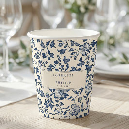 Elegant navy blue vintage floral wedding names 紙コップ