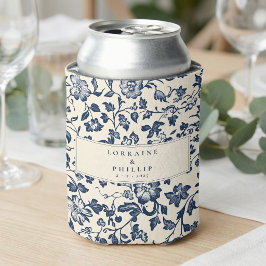 Elegant navy blue vintage floral wedding names 缶クーラー