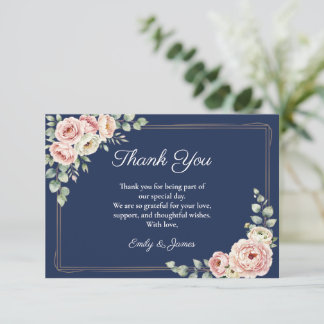 Elegant Navy Blue Watercolor Floral Wedding  サンキューカード