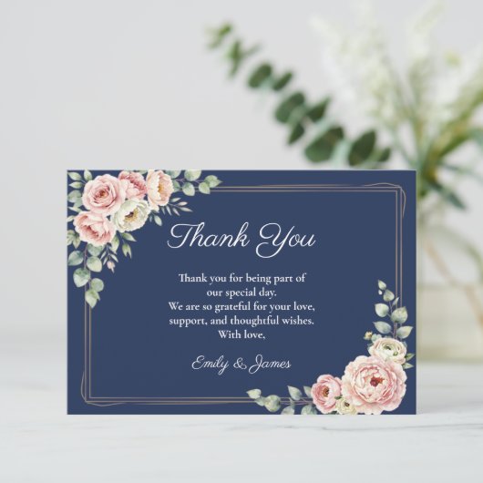 Elegant Navy Blue Watercolor Floral Wedding  サンキューカード (スタンド正面)