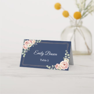 Elegant Navy Blue Watercolor Floral Wedding  プレイスカード