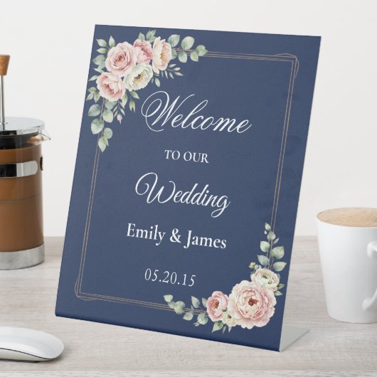 Elegant Navy Blue Watercolor Floral Wedding 台座サイン (インサイチュ)