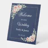 Elegant Navy Blue Watercolor Floral Wedding 台座サイン (正面)