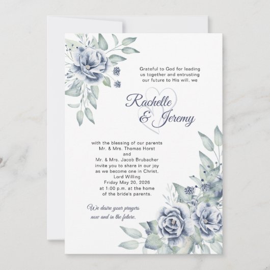 Elegant Navy Blue Watercolor Floral Wedding 招待状 (正面)
