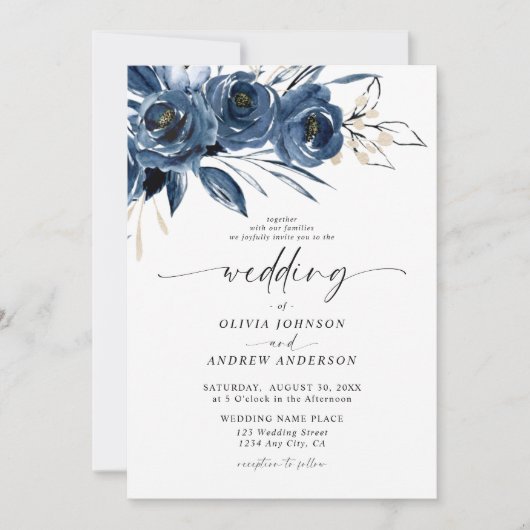 Elegant Navy Blue Watercolor Floral Wedding 招待状 (正面)