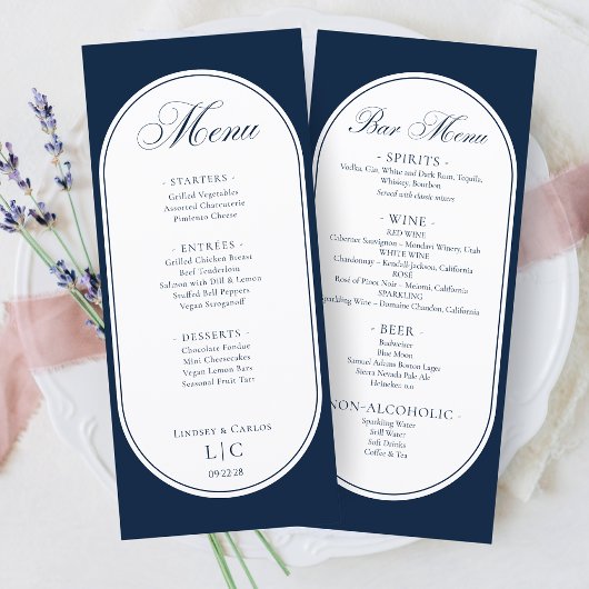 Elegant Navy Blue Wedding Dinner Menu & Bar Menu メニュー