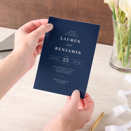 Elegant Navy Blue Wedding Invitation ベラム紙招待状 (ポータブル)