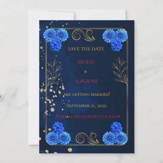 Elegant Navy Blue Wedding Save the Date Template セーブザデート (正面)