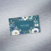 Elegant Navy Blue White Anemone Teal Gold Frame マグネット名刺 (インサイチュ)