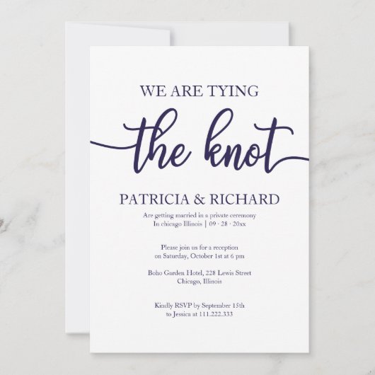 Elegant Navy Blue White Calligraphy Intimate Weddi 招待状 (正面)