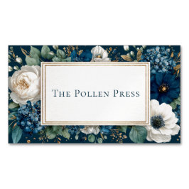 Elegant Navy Blue White Floral Gold Glitter Frame マグネット名刺
