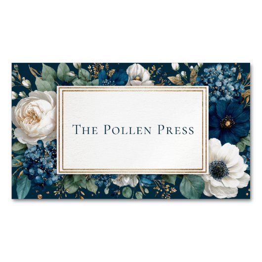 Elegant Navy Blue White Floral Gold Glitter Frame マグネット名刺 (正面)