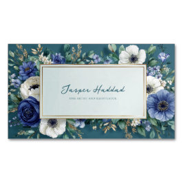 Elegant Navy Blue White Floral Teal Gold Frame マグネット名刺
