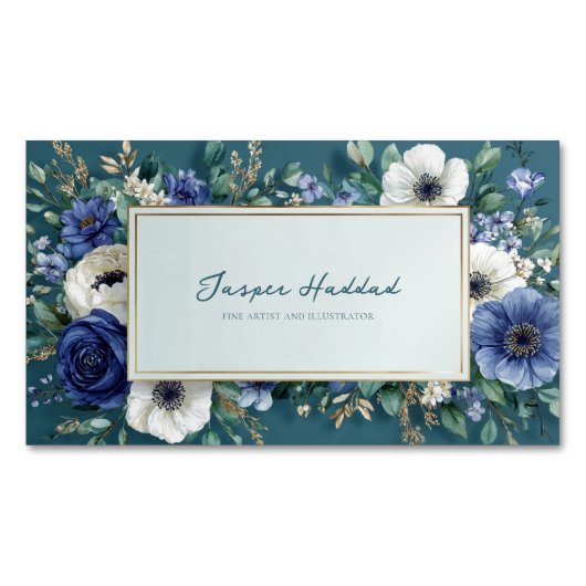 Elegant Navy Blue White Floral Teal Gold Frame マグネット名刺 (正面)
