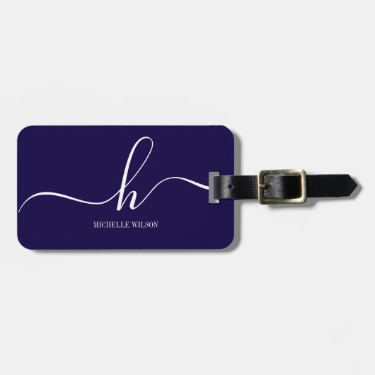 Elegant Navy Blue White Initial Script Name ラゲッジタグ (正面横)