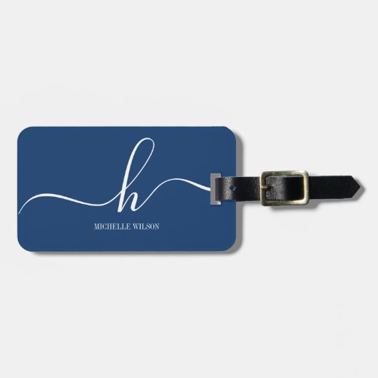 Elegant Navy Blue White Initial Script Name  ラゲッジタグ (正面横)