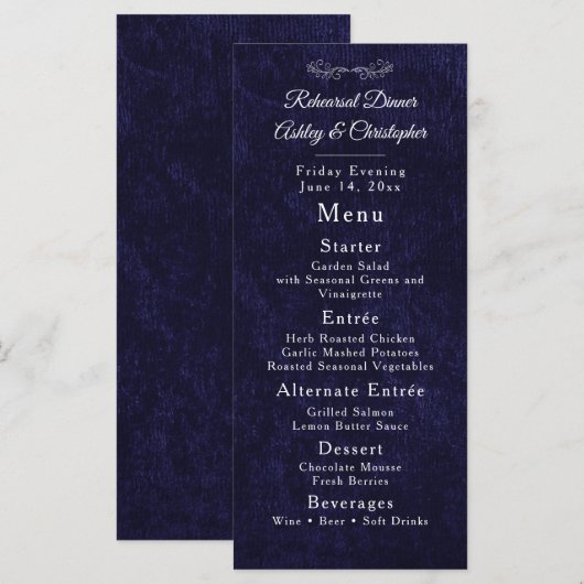 Elegant Navy Blue White Rehearsal Dinner メニュー (正面/裏面)