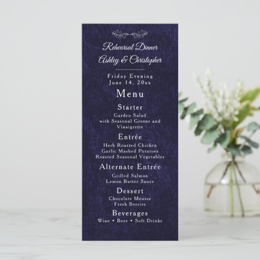 Elegant Navy Blue White Rehearsal Dinner メニュー (スタンド正面)