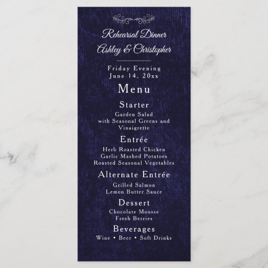 Elegant Navy Blue White Rehearsal Dinner メニュー (正面)