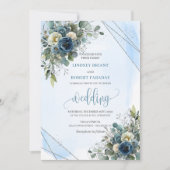 Elegant Navy Blue White Silver Floral Wedding  招待状 (正面)