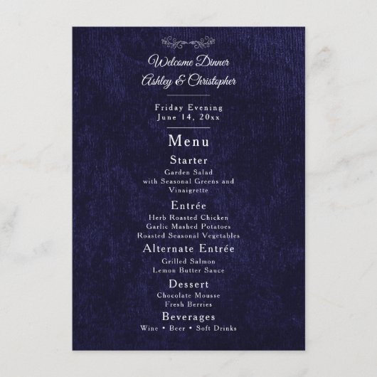 Elegant Navy Blue White Welcome Dinner メニュー (正面)