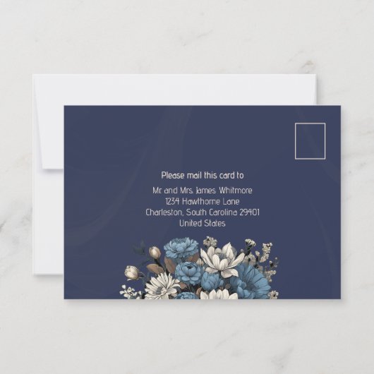 Elegant Navy Blue Wildflower Wedding  出欠カード (裏面)