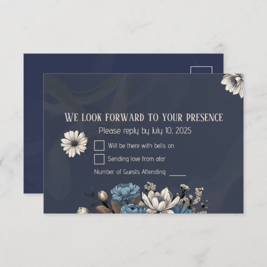 Elegant Navy Blue Wildflower Wedding 出欠カード (正面/裏面)