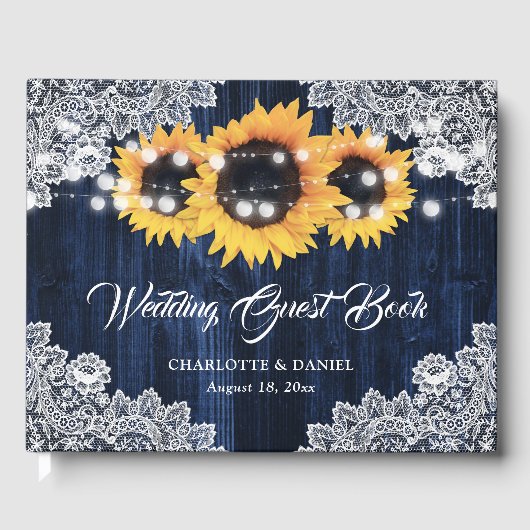 Elegant Navy Blue Wood Lace Sunflower Wedding ゲストブック (正面)