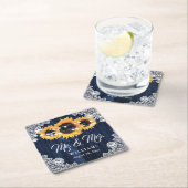 Elegant Navy Blue Wood Lace Sunflower Wedding スクエアペーパーコースター (インサイチュ)