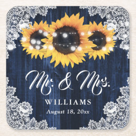 Elegant Navy Blue Wood Lace Sunflower Wedding スクエアペーパーコースター