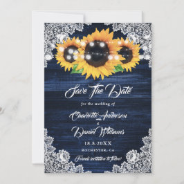 Elegant Navy Blue Wood Lace Sunflower Wedding セーブザデート