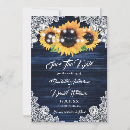Elegant Navy Blue Wood Lace Sunflower Wedding セーブザデート (正面)
