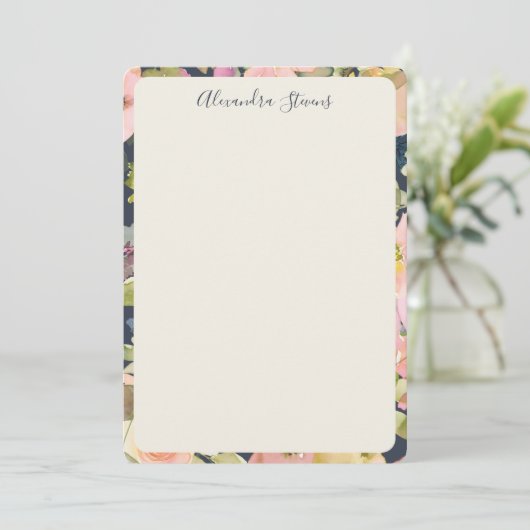 Elegant Navy Blush Floral Personalized Script Name ノートカード (スタンド正面)